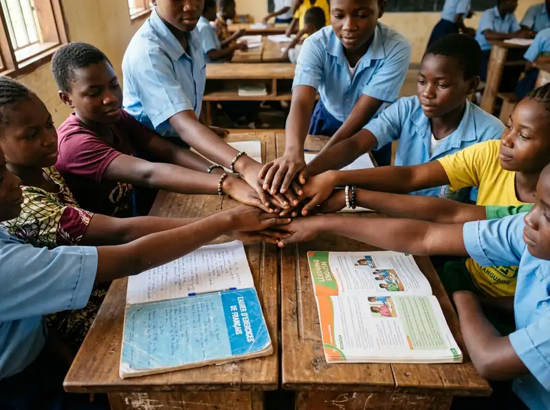 Les mains d'élèves francophones et anglophones réunies au-dessus de leurs cahiers