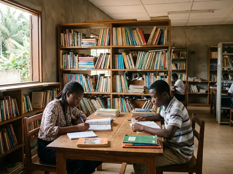 Deux lycéens révisent dans une bibliothèque Repeta à Yaoundé