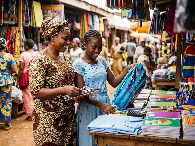 Une mère et sa fille achètent les fournitures de la rentrée au marché